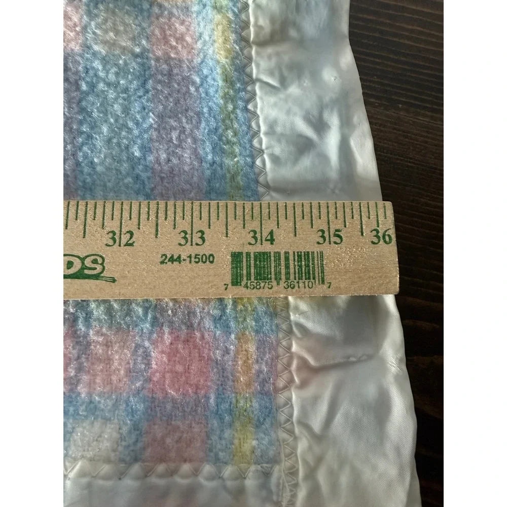 Vintage Pastel Plaid Baby Blanket Satin Trim Blue Pink Yellow 36x45